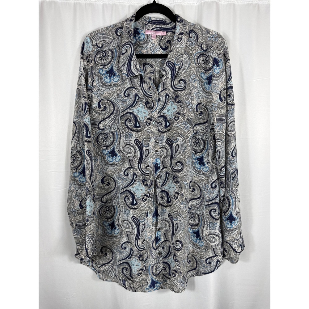 Calypso St Barth Womens Blue Paisley Long‎ Sleeve Button Down Blouse Size L